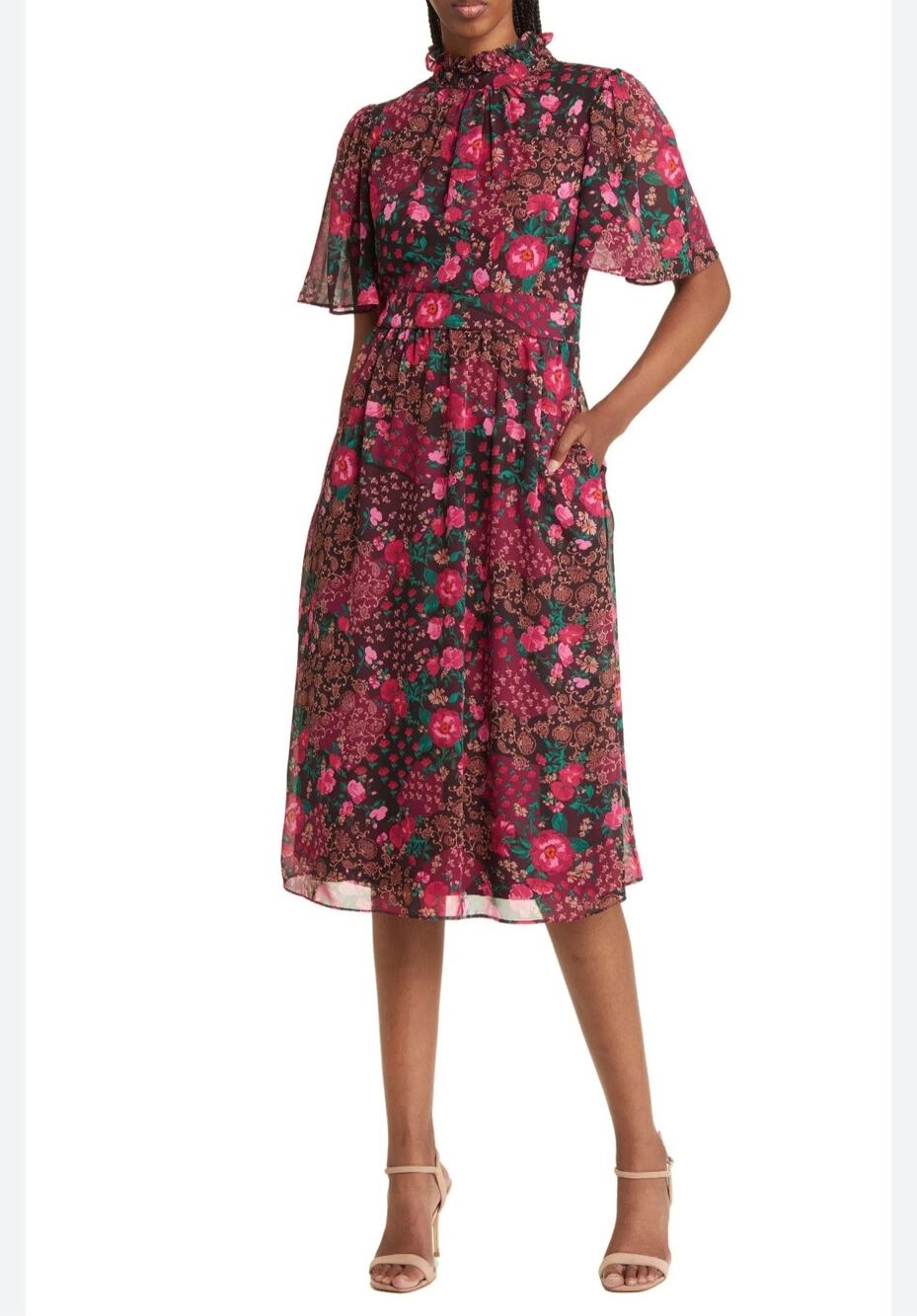 Julia Jordan Floral Ruffle Mockneck Flutter Sleeve Midi Dress - 10 NWT Wedding